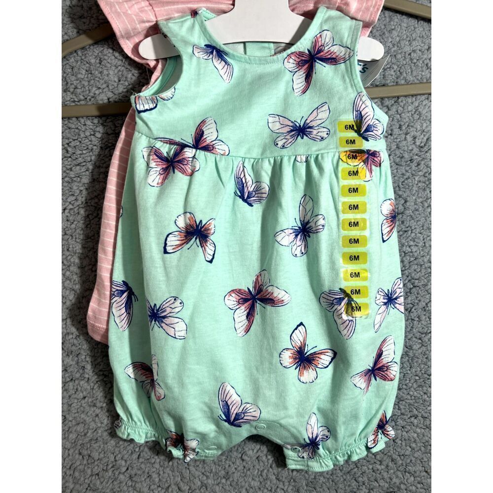 Carters 2 piece pink striped dress with green one-piece butterly short 6 months